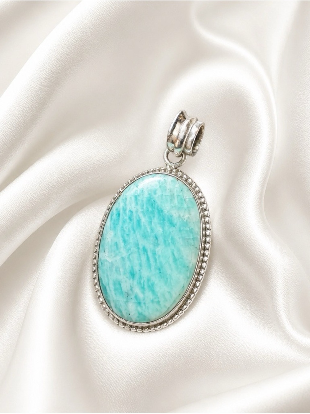 Sterling Silver Amazonite Oval Pendant - Aqua Blue